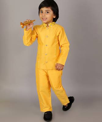 Yellow plain cotton silk Boy's Bandhgala and Pant 5