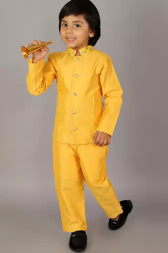 Yellow plain cotton silk bandhgala set