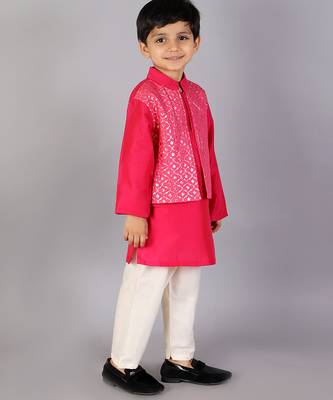 Pink printed cotton silk Boy's Kurta Pyjama 2