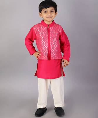 Pink printed cotton silk Boy's Kurta Pyjama 3