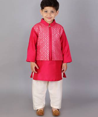 Pink printed cotton silk Boy's Kurta Pyjama 1
