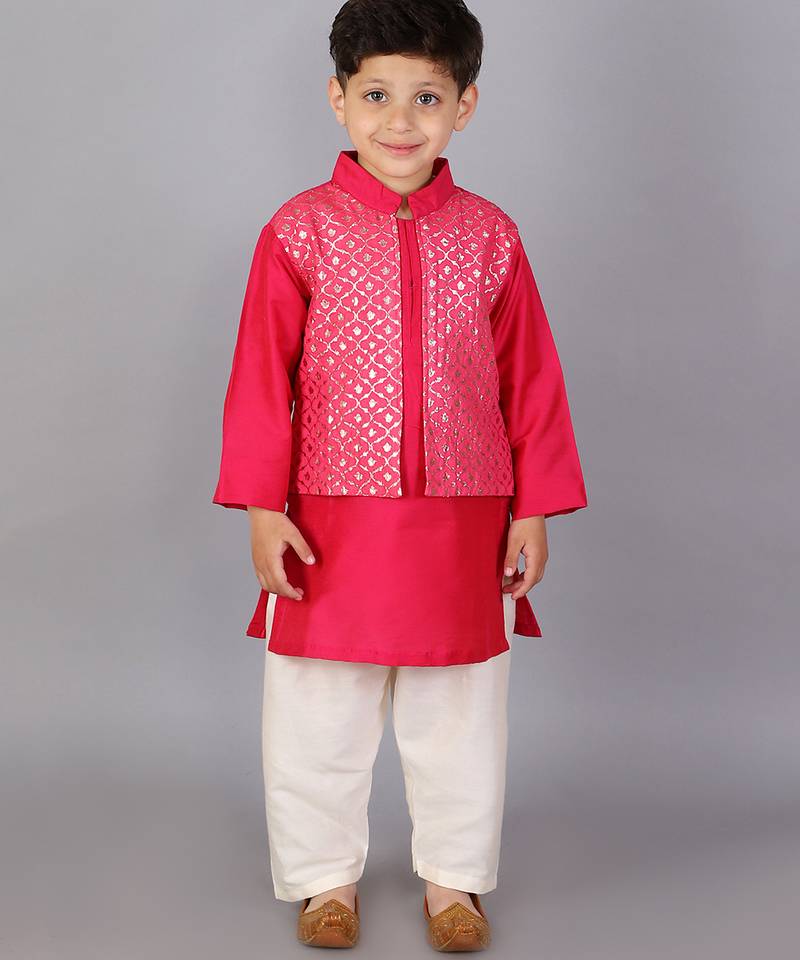 Pink printed cotton silk kurta pyjama