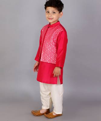 Pink printed cotton silk Boy's Kurta Pyjama 4