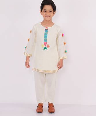 White embroidered cotton Boy's Kurta Pyjama 1