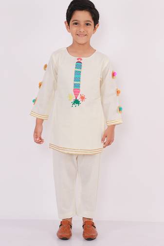 White embroidered cotton kurta pyjama
