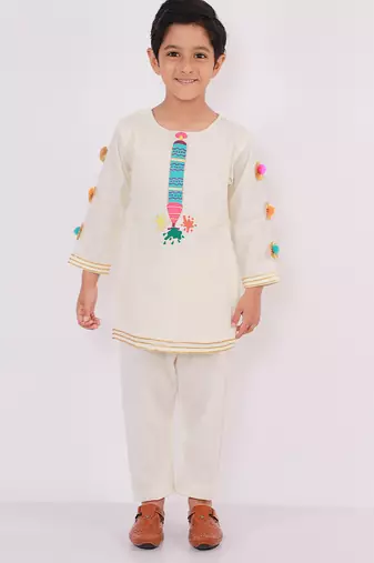 White embroidered cotton kurta pyjama