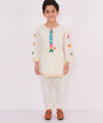 White embroidered cotton Boy's Kurta Pyjama 2