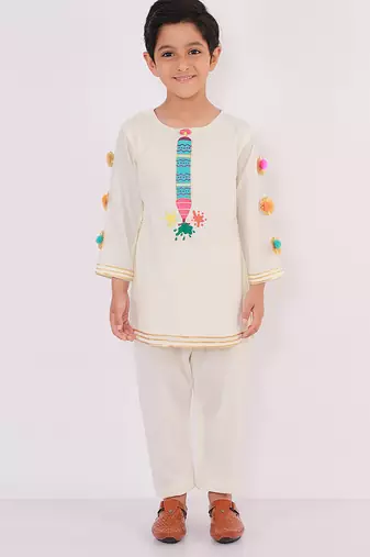 White embroidered cotton Boy's Kurta Pyjama