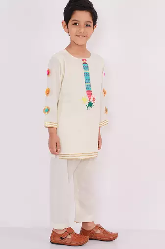 White embroidered cotton Boy's Kurta Pyjama