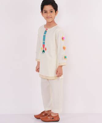 White embroidered cotton Boy's Kurta Pyjama 4