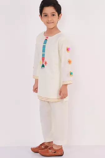 White embroidered cotton Boy's Kurta Pyjama