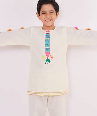 White embroidered cotton Boy's Kurta Pyjama 5