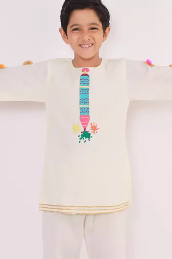 White embroidered cotton Boy's Kurta Pyjama