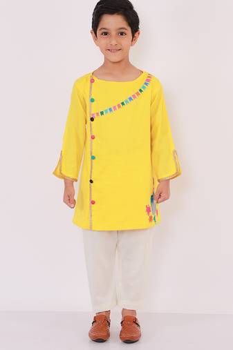 Yellow embroidered cotton kurta pyjama