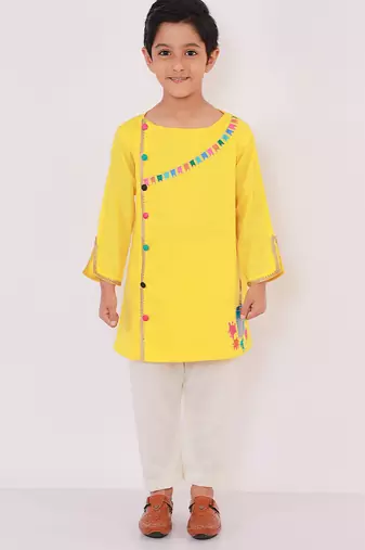 Yellow embroidered cotton kurta pyjama