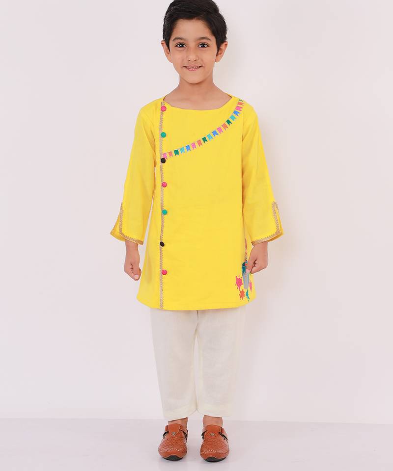 Yellow embroidered cotton kurta pyjama