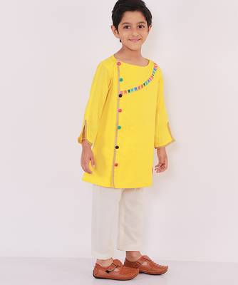 Yellow embroidered cotton Boy's Kurta Pyjama 2
