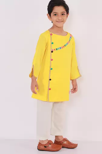 Yellow embroidered cotton kurta pyjama