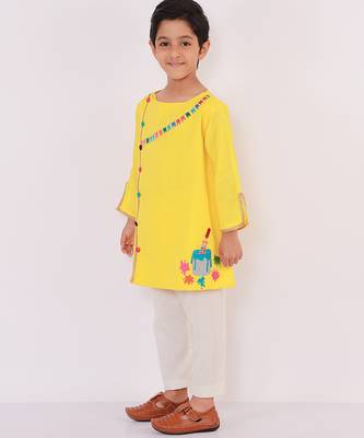 Yellow embroidered cotton Boy's Kurta Pyjama 3