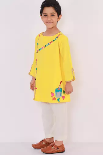 Yellow embroidered cotton kurta pyjama