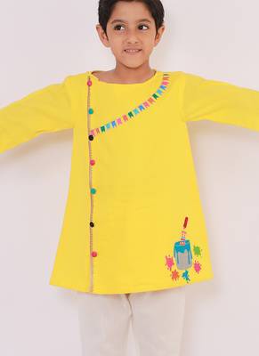 Yellow embroidered cotton Boy's Kurta Pyjama 4