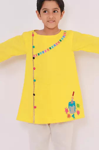 Yellow embroidered cotton kurta pyjama