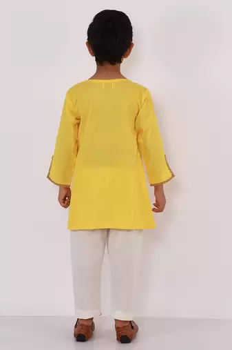 Yellow embroidered cotton kurta pyjama