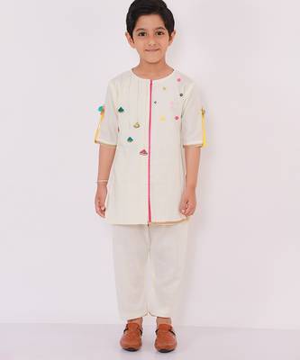 White printed cotton Boy's Kurta Pyjama 1