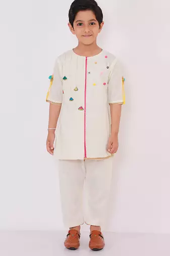 White printed cotton kurta pyjama
