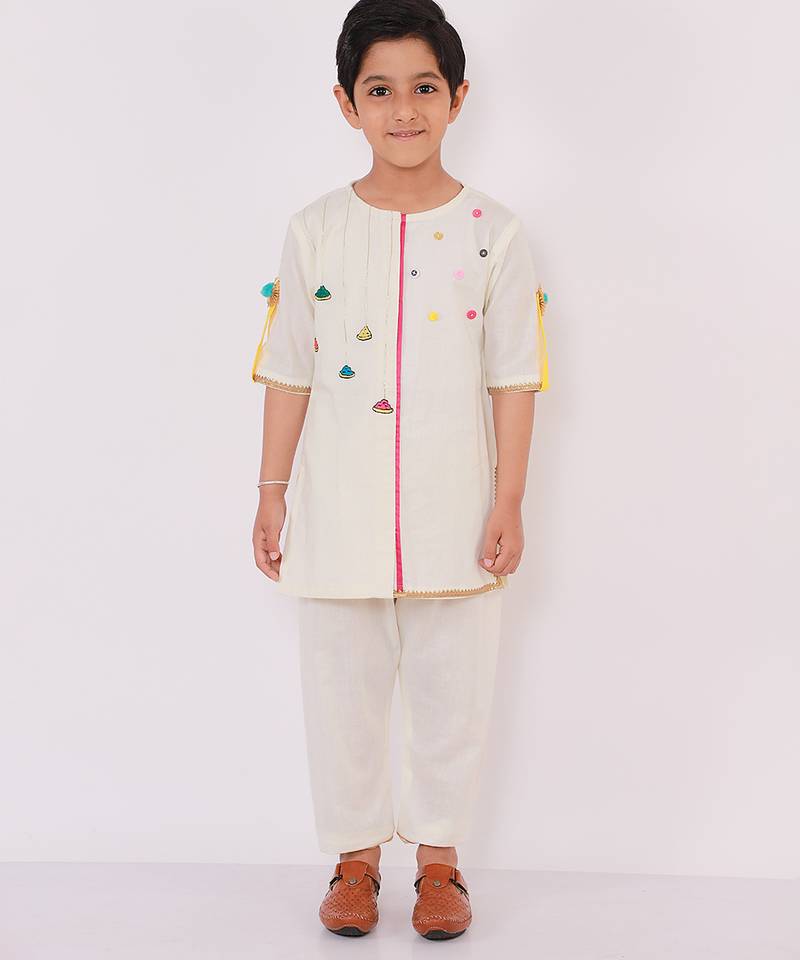 White printed cotton kurta pyjama