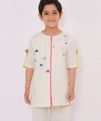 White printed cotton Boy's Kurta Pyjama 2