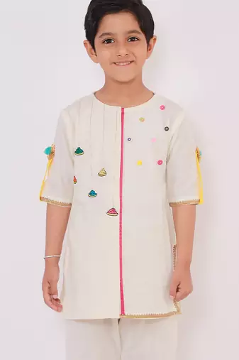 White printed cotton Boy's Kurta Pyjama