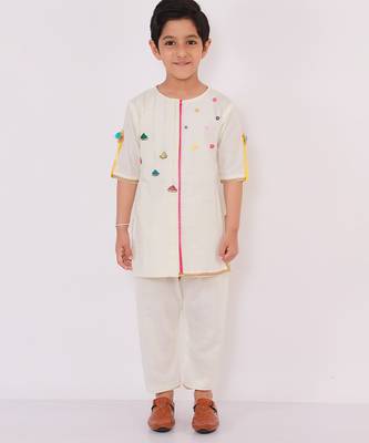 White printed cotton Boy's Kurta Pyjama 3