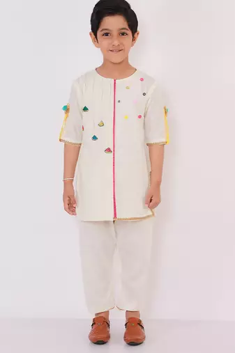 White printed cotton Boy's Kurta Pyjama