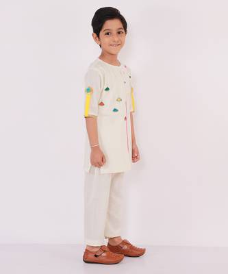 White printed cotton Boy's Kurta Pyjama 4