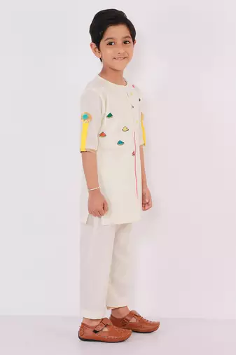 White printed cotton Boy's Kurta Pyjama