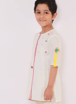 White printed cotton Boy's Kurta Pyjama 5
