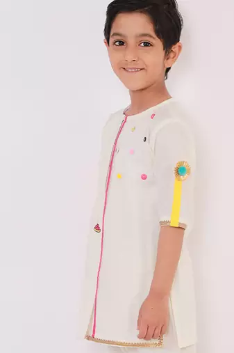 White printed cotton Boy's Kurta Pyjama