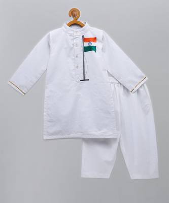 White printed cotton Boy's Kurta Pyjama 1