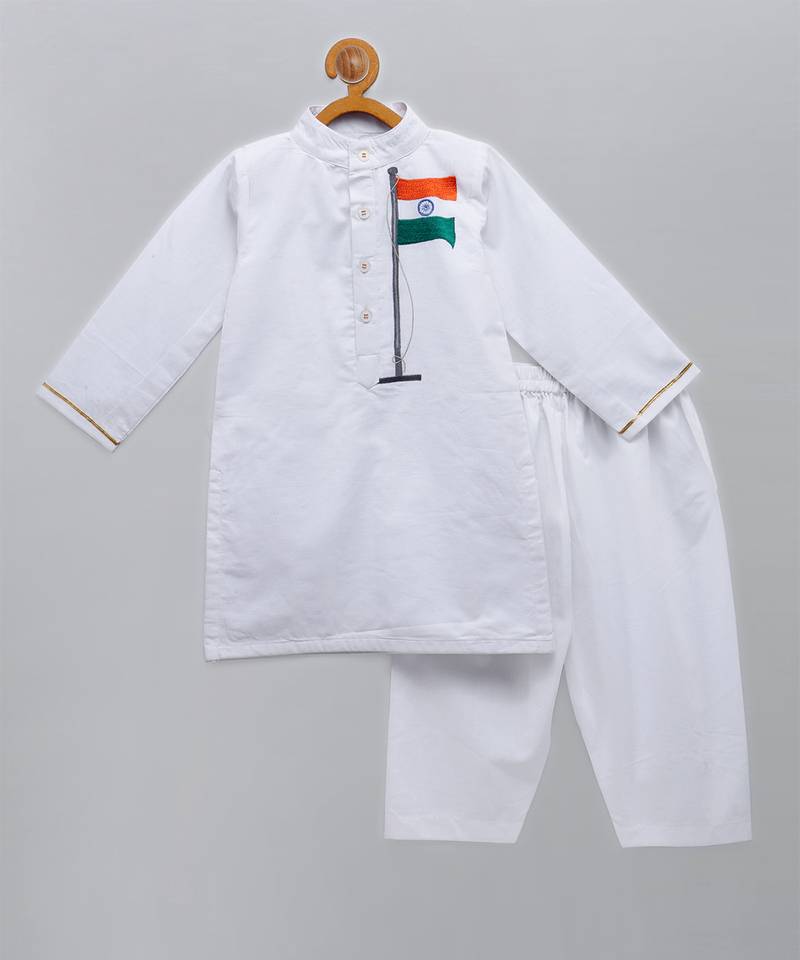White printed cotton kurta pyjama