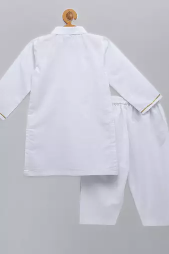 White printed cotton Boy's Kurta Pyjama