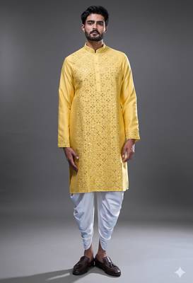 Yellow silk kurta patiala for men's 1