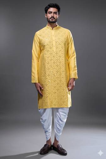 Yellow silk kurta patiala for men's