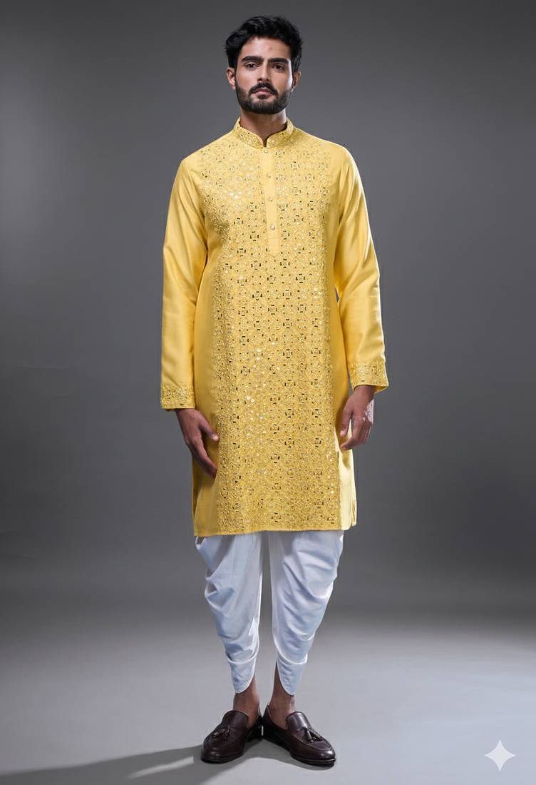 Yellow silk kurta patiala for men's