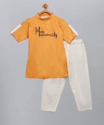 Orange embroidered cotton silk Boy's Kurta Pyjama 1
