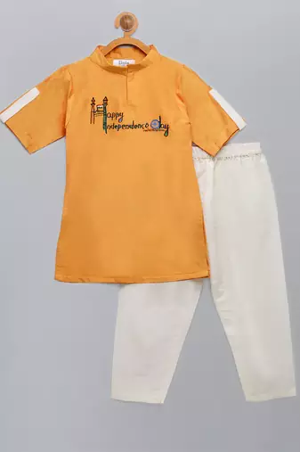 Orange embroidered cotton silk kurta pyjama