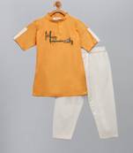 Orange embroidered cotton silk kurta pyjama