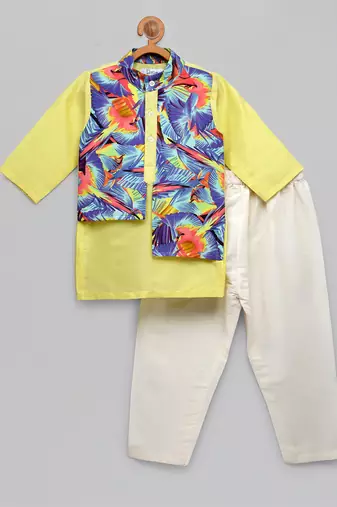 Yellow printed cotton silk kurta pyjama