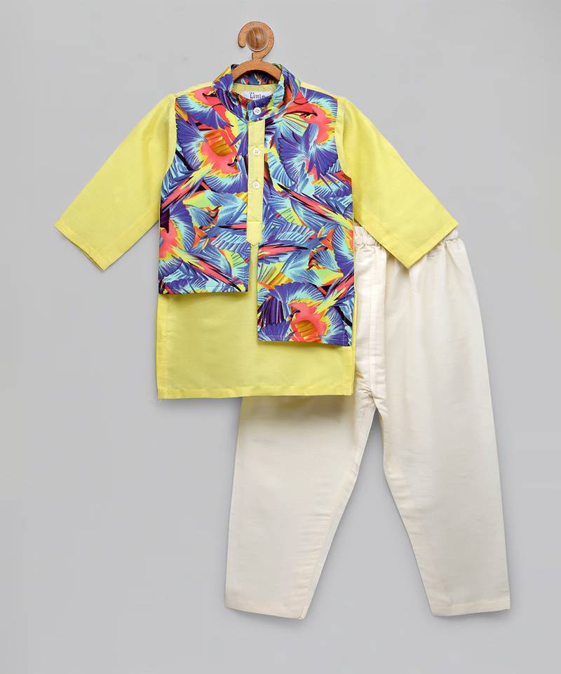 Yellow printed cotton silk kurta pyjama
