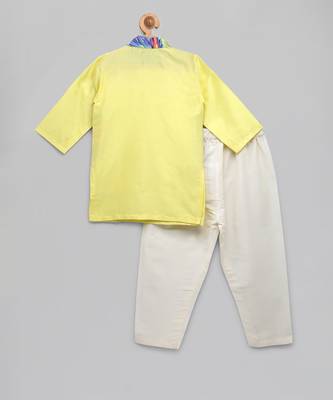 Yellow printed cotton silk Boy's Kurta Pyjama 5